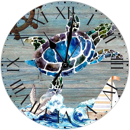 ArogGeld PVC Clock Antique Sea Turtle Rudder Seagull Large Wall Clock Ocean Wave with Roman Numerals 10in Silent Non-Ticking Nautical Theme Vintage Nautical Hanging Clock for Home Office Bedroom