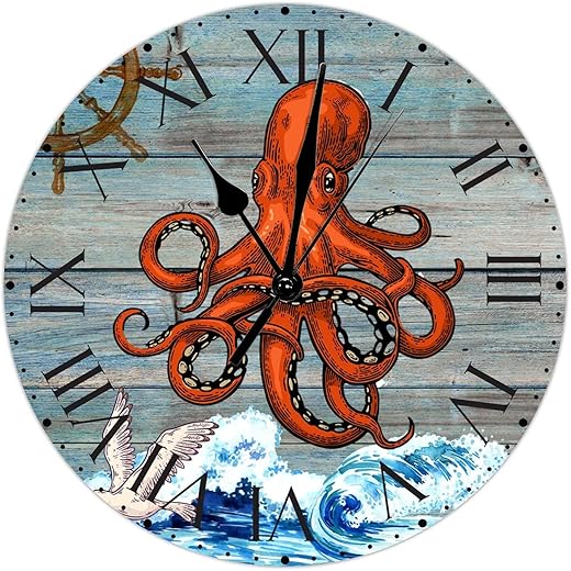 ArogGeld PVC Clock Mid Century Octopus Rudder Seagull Hanging Clock Ocean Wave with Roman Numerals 8.8in Silent Non-Ticking Ocean Theme Coastal Nautical Frameless Clocks for Bedroom Office Dining