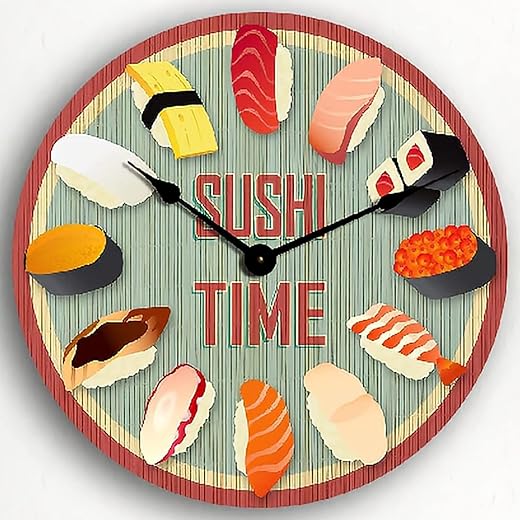 ArogGeld Sushi Time Modern Wall Clock Vintage Wooden Round Clocks Wall Decor 15 Inch Battery Operated Decorative Wall Clock Silent Round Wood Wall Clock Hanging Clocks for Bedroom Living Room Clock