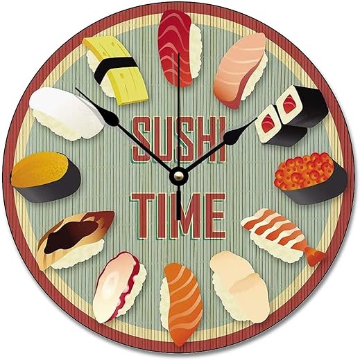 ArogGeld Sushi Time Wall Clock 10 Inch Food Battery Operated Non-Ticking Vintage Farmhouse Wood Large for Living Room Kitchen Bedroom Decor, Multicolor, (qx554g4e695v)