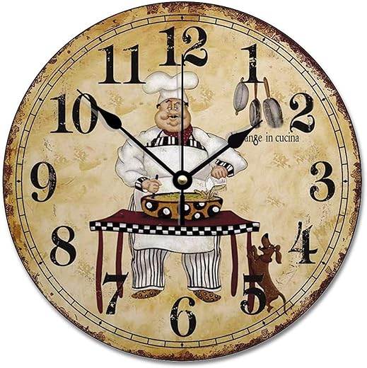 ArogGeld Vintage Chef Kitchen Wall Clock, 10 Inch Battery Operated, Silent Round Wooden Clock with Large Numerals, Perfect for Kitchen, Dining Room, Office, Classroom, Home