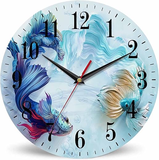 Art 3D Fishs Wall Clock Blue and Turquoise Big Fishs Fashion Luxury 10 Inch Silent Non Ticking Battery Operated Clock Vintage Round Clock for Living Room Bedroom Bathroom Office Decor