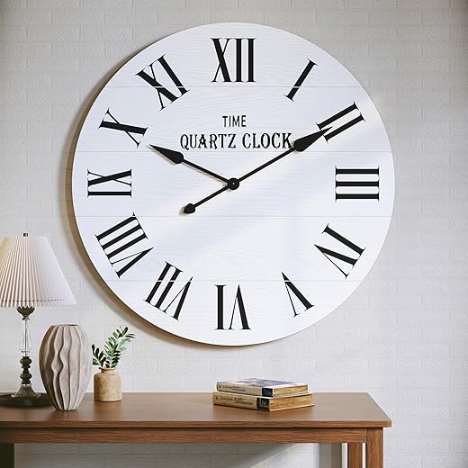 ARTPOWER Wall Clock 35.5” Large Shiplap Wall Clock with Roman Numeral Rustic Nearly Non-Ticking, Round Wall Clocks for Living Room Decor, Office, Bedroom, Entrance, White