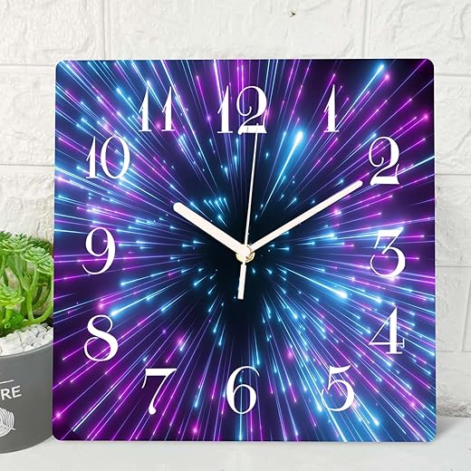 ArtSocket Purple Galaxy Neon Wooden Wall Clock Silent Non-Ticking, Space Astrology Fireworks Abstract Square Rustic Wall Clocks Decor for Home Kitchen Living Room Office, Battery Operated(12 Inch)