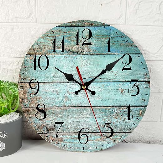 ArtSocket Turquoise Wooden Wall Clock Silent Non-Ticking, Teal Green Blue Wooden Grain Cracked Vintage Round Wall Clocks Decor for Home Kitchen Living Room Office, Battery Operated(12 Inch)