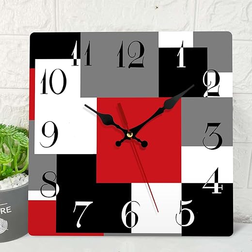 ArtSocket Wooden Wall Clock Silent Non-Ticking, Red Black Grey Abstract Geometric Minimalist Checkered Square Rustic Wall Clocks Decor for Home Kitchen Living Room Office, Battery Operated(12 Inch)