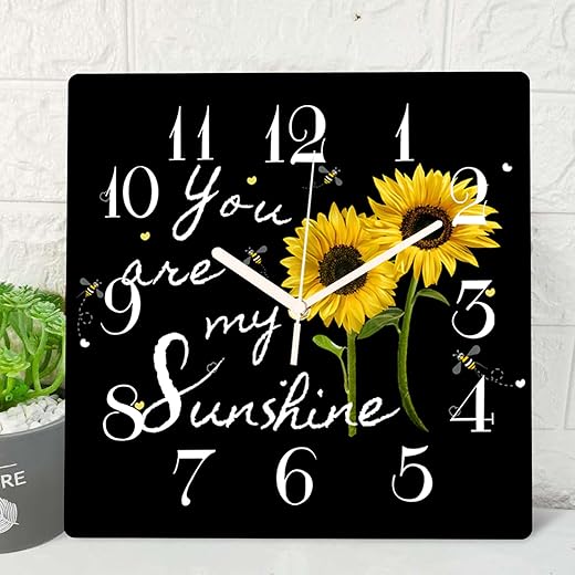 ArtSocket Wooden Wall Clock Silent Non-Ticking, Sunflower Yellow Sunshine Bee Black Square Rustic Wall Clocks Decor for Home Kitchen Living Room Office, Battery Operated(12 Inch)