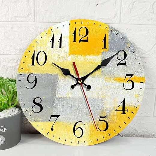 ArtSocket Wooden Wall Clock Silent Non-Ticking, Yellow Grey Abstract Painting Gray Contemporary Art Vintage Round Wall Clocks Decor for Home Kitchen Living Room Office, Battery Operated(12 Inch)