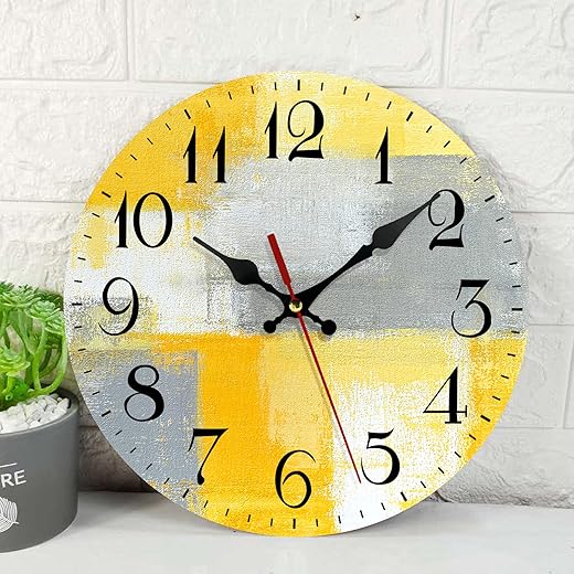 ArtSocket Wooden Wall Clock Silent Non-Ticking, Yellow Grey Abstract Painting Gray Contemporary Art Vintage Round Wall Clocks Decor for Home Kitchen Living Room Office, Battery Operated(12 Inch)