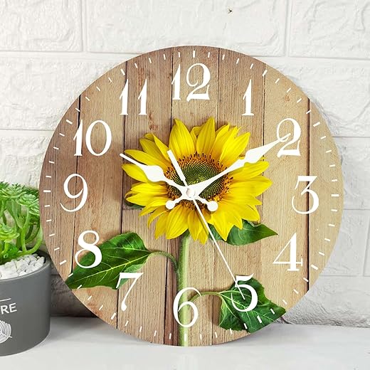 ArtSocket Yellow Sunflower Wooden Wall Clock Silent Non-Ticking, Flower Summer Wood Vintage Summer Round Rustic Wall Clocks Decor for Home Kitchen Living Room Office, Battery Operated(12 Inch)