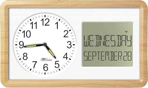 Atomic 10” Clock Combines Analog Time and Digital Display for Day and Date - Battery Powered Soft Display - White with Woodgrain Accent Frame