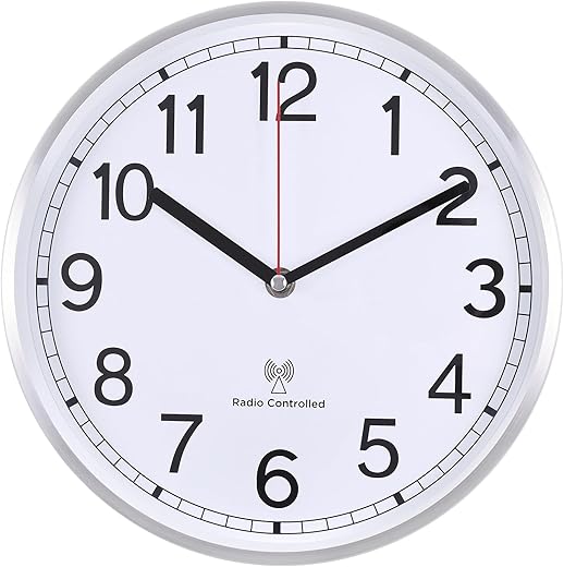 Atomic Analog Wall Clock, 10Inch Radio Controlled Sets Automatically Wall Clock, Aluminum Frame Wall Clock Decorative for Home Kitchen Living Room Bedroom Office School