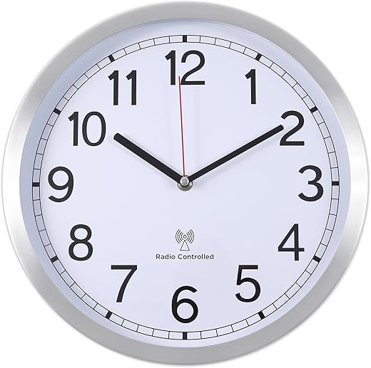 Atomic Analog Wall Clock, 12Inch Radio Controlled Sets Automatically Wall Clock, Aluminum Frame Wall Clock Decorative for Home Kitchen Living Room Bedroom Office School