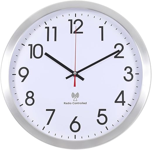 Atomic Analog Wall Clock, 14Inch Radio Controlled Sets Automatically Wall Clock, Aluminum Frame Wall Clock Decorative for Home Kitchen Living Room Bedroom Office School