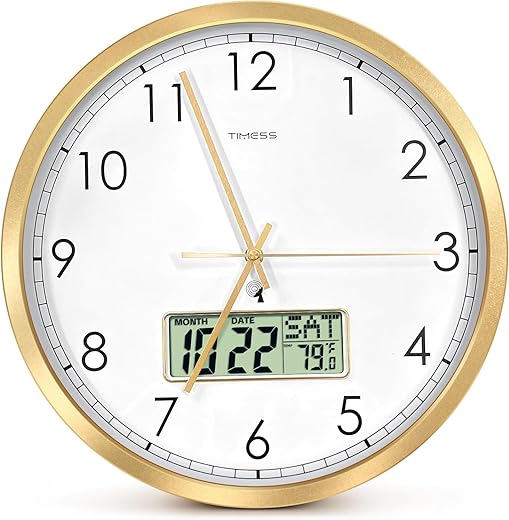 Atomic Analog Wall Clock, WWVB Self-Setting Battery Operated 14 Large Dial Non-Ticking Silent Easy to Read & Use Clock with LCD Display, Ideal Modern Home, Kitchen, Office Décor (Gold)