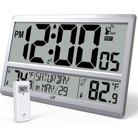 Atomic Clock 4.5 Numbers, Atomic Wall Clock with Indoor & Outdoor Temperature，Never Needs Setting, Battery Operated, Date, Time, Wireless Outdoor Sensor, Jumbo Display Easy to Read