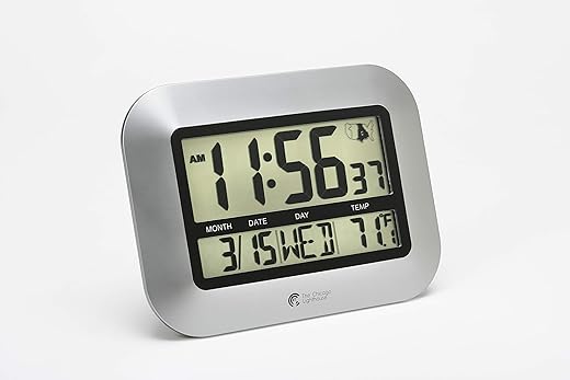 Atomic Digital Wall or Desk Clock, 10 x 7 Inch, Silver