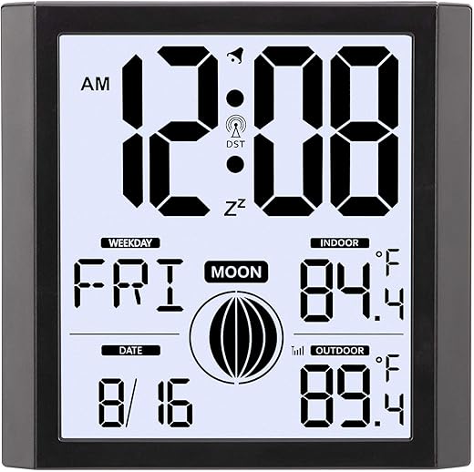 Atomic Wall Clock with Indoor Outdoor Temp Backlight Battery Operated Moon Phases Large Number Display 8.8 inch Digital Desk Setting Alarm Clock for Kitchen Office Living Room Bedroom Bathroom