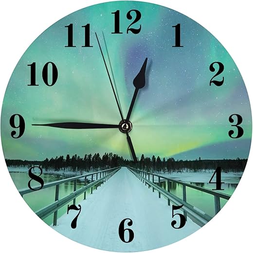 Aurora Wall Clock, Snowy Arctic Frozen River Image, 10 Inch Battery Operated Clocks Living Room Decor,Silent Non-Ticking Bathroom Wall Clock, Round Wall Clock for Home Bedroom,Green Blue