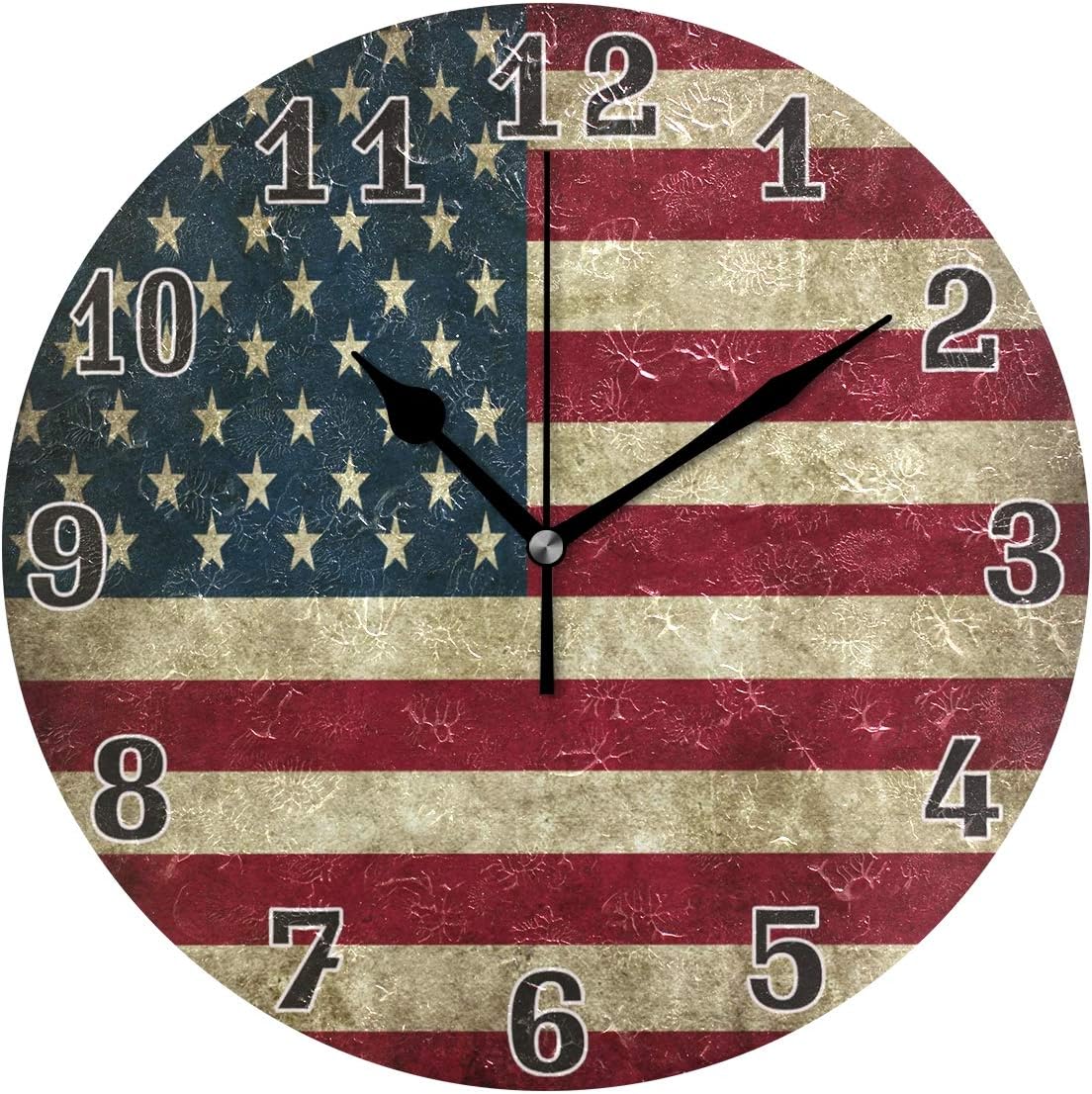 AUUXVA Vintage USA American Flag Round Acrylic Wall Clock, Silent Non Ticking Art Painting for Kids Bedroom Living Room Office School Home Decor