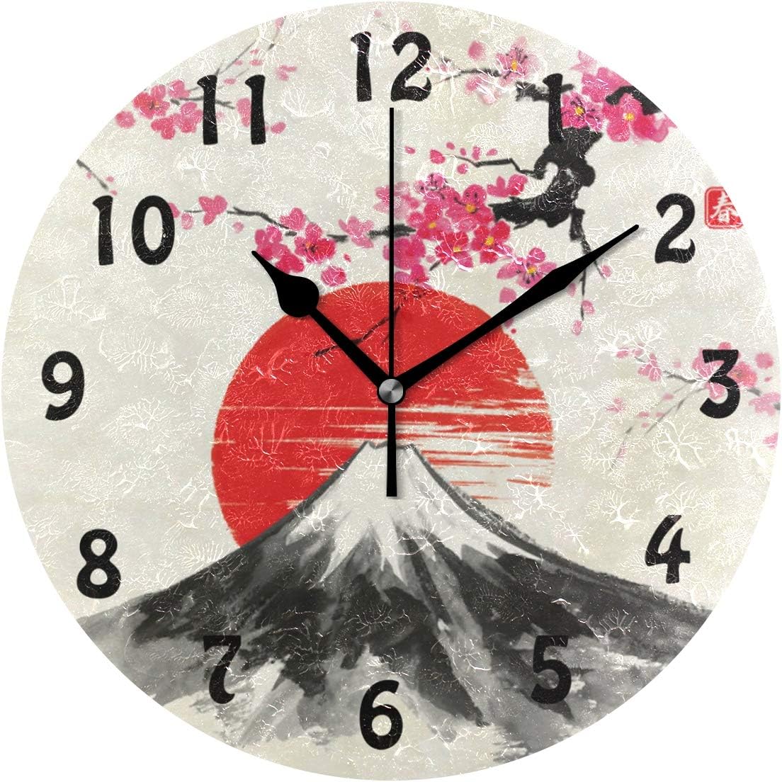 AUUXVA Wall Clock Japan Japanese Sakura Tree Landscape, Silent Non Ticking Clock for Kitchen Living Room Bedroom Home Artwork Gift