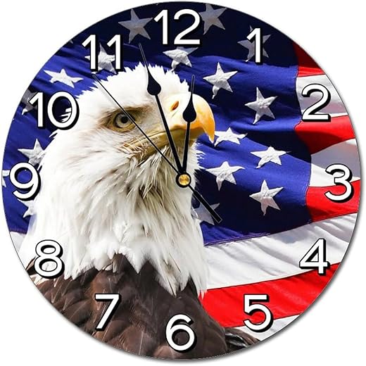 Bald Eagle Patriotic American Flag Wall Clock Battery Operated Silent Round Clock Wall Decor for Home, Office, School 9.8 Inch