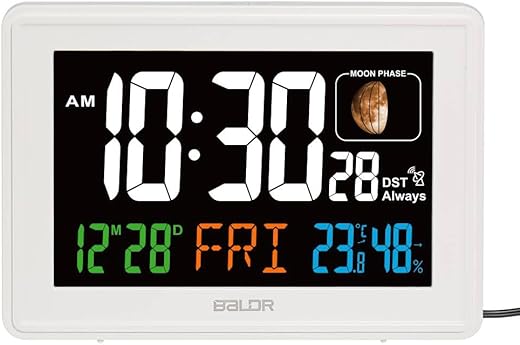 BALDR Atomic Clocks for Bedrooms Digital Large Display - White - Desk Clock with Temperature Indoor and Humidity, Night Stand Clock, Moon Phase Clock, Alarm Clocks for Living Room, Digital Clock Wall