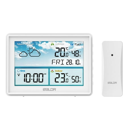 BALDR Home Weather Station & Indoor Outdoor Thermometer with Wireless Remote Sensor, Atomic Alarm Clock, Calendar, Humidity Monitor,& Weather Forecast & Digital Weather Station in LCD Display (White)