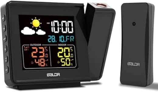 BALDR Projection Alarm Clock with Temperature - Atomic Projection Clock with Indoor and Outdoor Temperature, Digital Projection Alarm Clocks for Bedrooms, Weather Station Alarm Clock with Projector