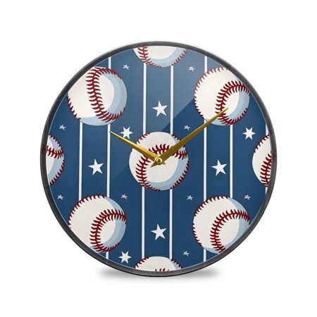 Baseball Stars Stipes Acrylic Round Clock Battery Operated Gold Pointer No Numbers Home Decor for Bedroom Office Study 9.5 Diameter