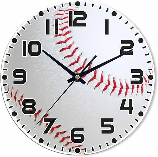 Baseball Wall Clock 10 inch Round White Sports Ball Silent Non Ticking Wood Wall Clocks Battery Operated Easy to Read Decorative Wall Clock for Bedroom Kitchen Living Room Bathroom