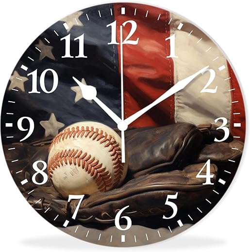 Battery Operated Quartz Wall Clocks Non-Ticking Silent Modern Wall Clocks Decorative for Office-Baseball and Glove with The Stars and Stripes(16inch)