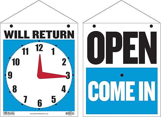 BAZIC Open Sign 7.5"x9", Clock Will Return Will be Back, Double Sides Plastic Vinyl Signs, Business Store Office Bars Retail Salon Shop, 1-Pack