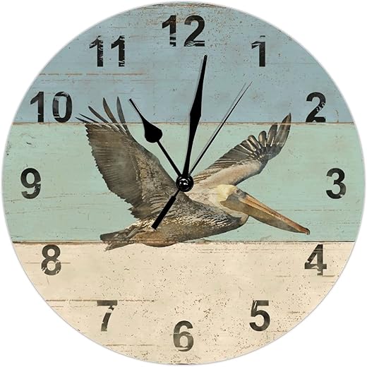 Beach Coastal Pelican Wall Clock Nautical Themed Clock Vintage Weathered Boards 12 Inch Wall Clocks Battery Operated Silent Vintage Wall Decor Home Decor for Bedroom Living Room Kitchen School Office