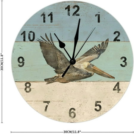 Beach Coastal Pelican Wall Clock Nautical Themed Clock Vintage Weathered Bo