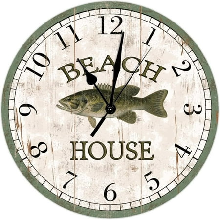 Beach House Hanging Wall Clock Smallmouth Bass Beach Decor Ocean Coastal Hanging Wall Clocks Silent Non Ticking Battery Operated 15Inch Clock Shabby Chic Ocean For Dinning Living Room