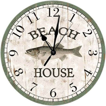 Beach House Wooden Decorative Wall Clock 10Inch Round Clocks Striped Bass Beach Decor Ocean Coastal Clocks Quartz Battery Operated Clock Rustic Farmhouse For Living Room Bedroom