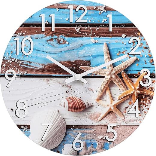 Beach Wall Clock 12 Inch Silent Non-Ticking Battery Operated, Rustic Coastal Nautical Clock for Bathroom Kitchen Bedroom Living Room,Seashell Starfish,Blue (Glass)