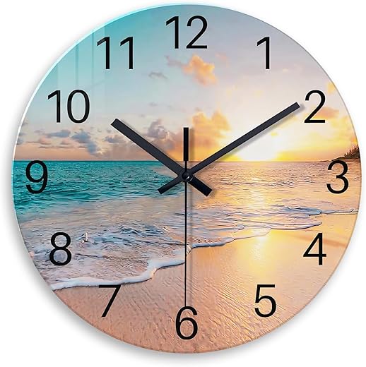 Beach Wall Clock Battery Operated 12 Inch - Glass Wall Clock Non Ticking - Analog Blue Wall Clock for Bedroom Living Room Kitchen Bathroom Office