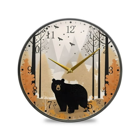 Bear in Forest Acrylic Wall Clocks Quiet Round Clock Battery Operated Non-Ticking Clock for Bedroom Kitchen Office Decorative 9.5 Inch