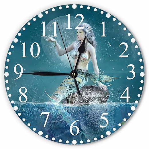 Beautiful Mermaid Wall Clock Fantasy Seascape Scenery Clock 10 Inch Silent Non-Ticking Clocks Battery Operated for Home Living Laundry Room Kitchen Bedroom Office