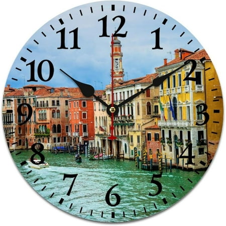 Beautiful Water City Vintage Antique Italy Venice Clock Italian Landscape Indoor Wall Clocks Battery Operated Silent Home/Office/Kitchen Decor Arabic Numeral 12 Inch Round