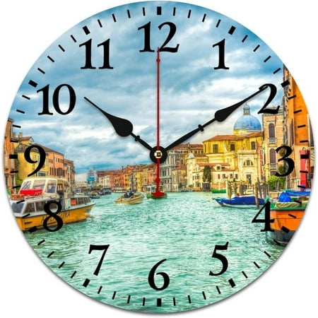 Beautiful Water City Vintage Antique Italy Venice Clocks Italian Landscape Home Decor Clock Battery Operated Bathroom Kitchen Living Room Bedroom Arabic Numbers 16 Inch Round