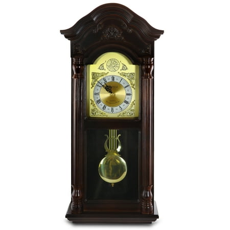 Bedford Clock Collection 25.5 Antique Mahogany Cherry Oak Chiming Wall Clock with Roman Numerals