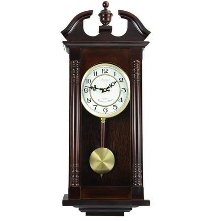 Bedford Clock Collection 27.5 Classic Chiming Wall Clock With Swinging Pendulum in Cherry Oak Finish