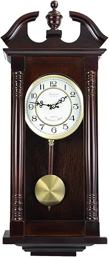 Bedford Clock Collection Classic Chiming Wall Clock with Swinging Pendulum in Cherry Oak Finish, 4.75 L x 11.75 W x 27.50 H