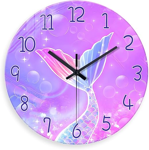 Bedroom Decor for Teen Girls - Pink Mermaid Wall Clocks Battery Operated 12 Inch - Glass Wall Clock Non Ticking