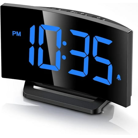 Bedroom Digital Alarm Clock, Modern Curved Design Digital Clock, Conspicuous White LED Number, 5 Levels of Brightness off