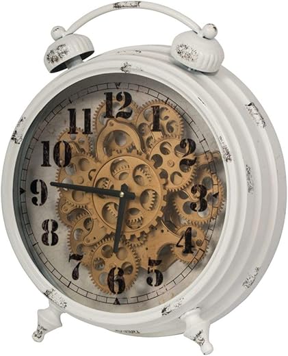 Benjara Classic Metal Table Clock with Gears Front and Distressed Details, White and Gold