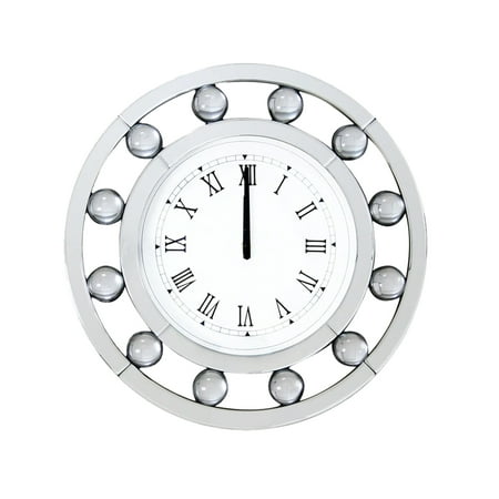 Benzara Mirrored Round Shape Wooden Wall Clock, White